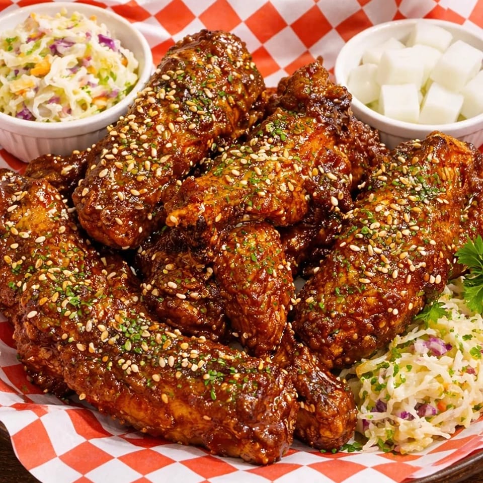 Pile of glazed chicken wings topped with sesame seeds and herbs, served with coleslaw and cubed pickles on red-checkered paper.