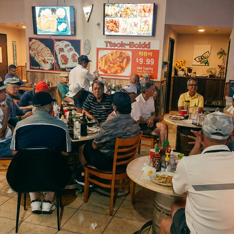 Busy Korean restaurant dining room with groups of patrons, tables of food, and a prominent tteok-bokki menu display.
