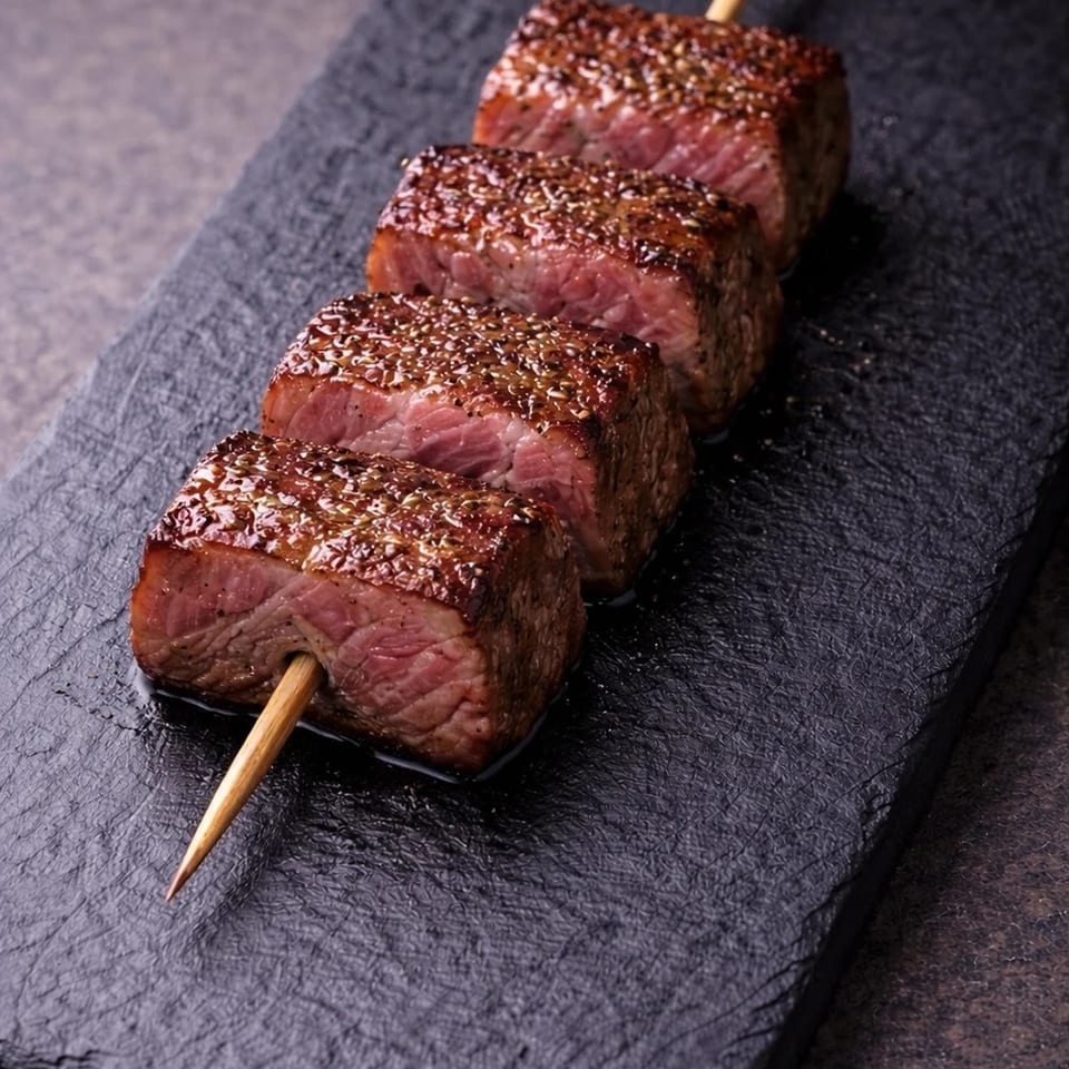 Four sesame-crusted medium-rare beef cubes skewered on a wooden stick and served on a black slate platter.