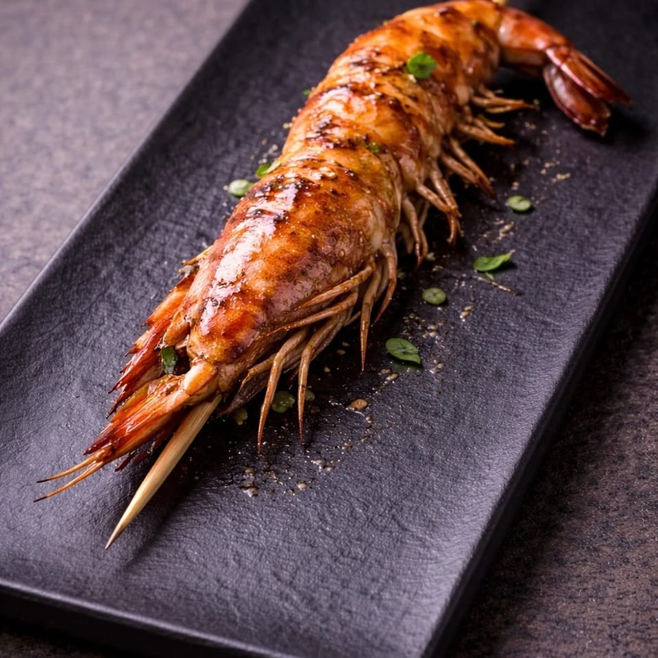 Glazed grilled prawns skewered and garnished with herbs on a black rectangular plate.