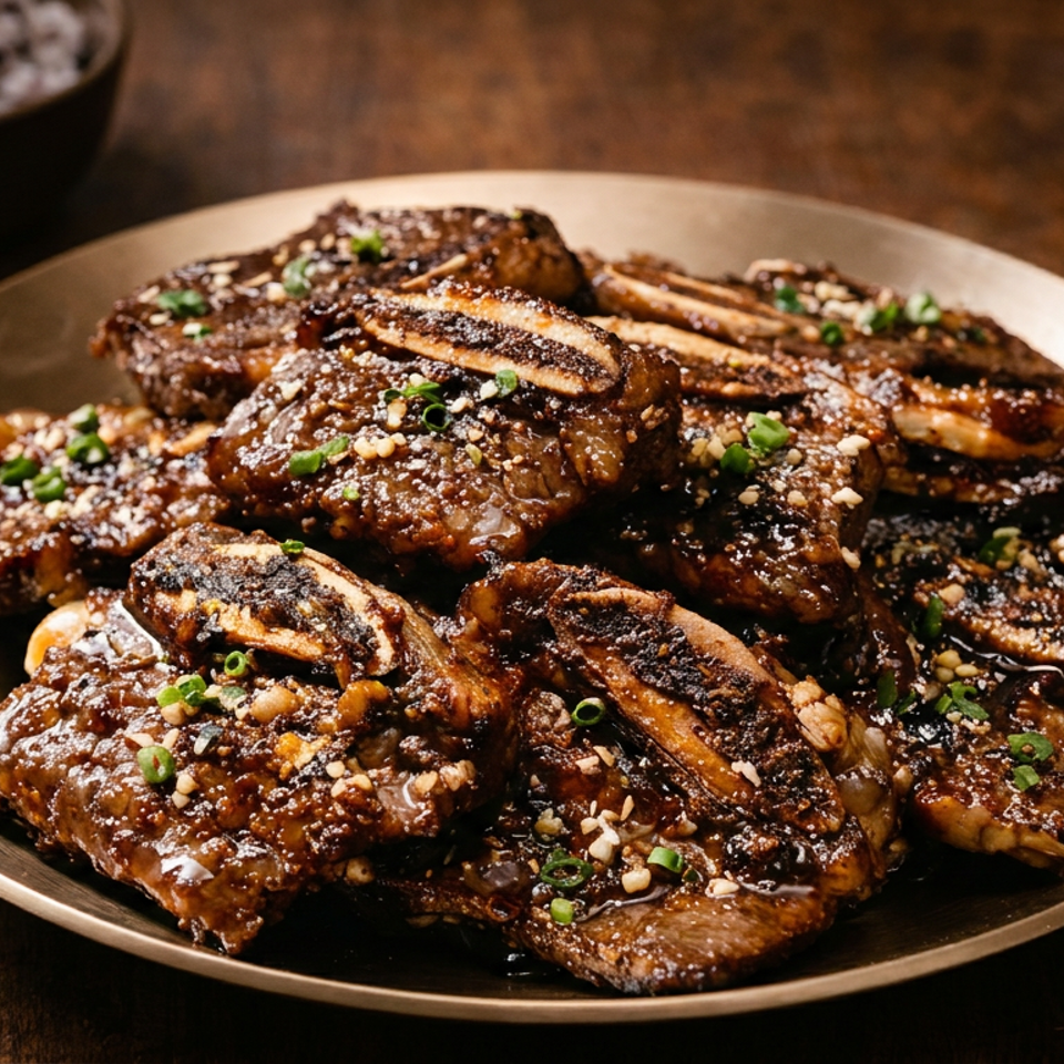 Glazed grilled beef short ribs garnished with sesame seeds and scallions on a plate beside a bowl of rice.