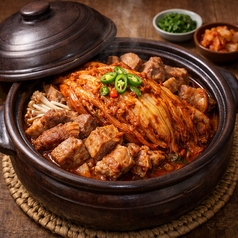 Steaming Korean earthenware pot filled with spicy kimchi, pork, mushrooms, and sliced green chilies.