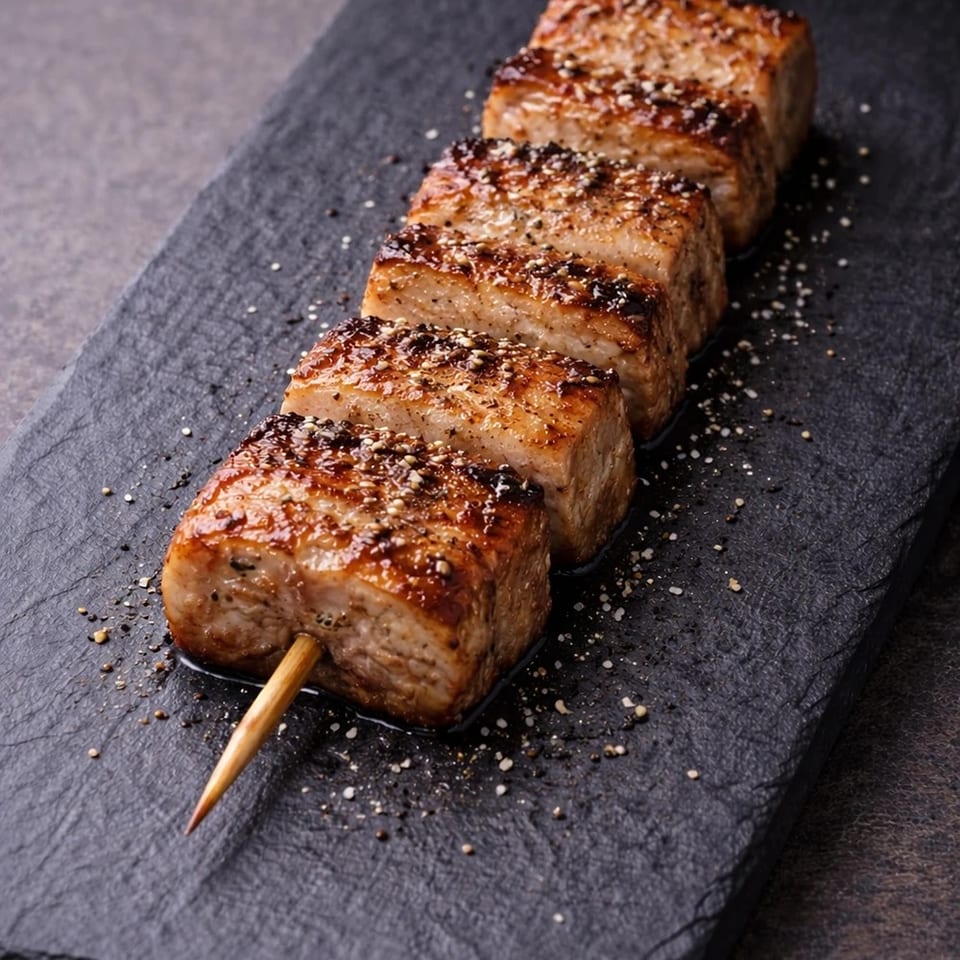 Glazed grilled meat skewer sprinkled with sesame seeds on a black slate serving board.