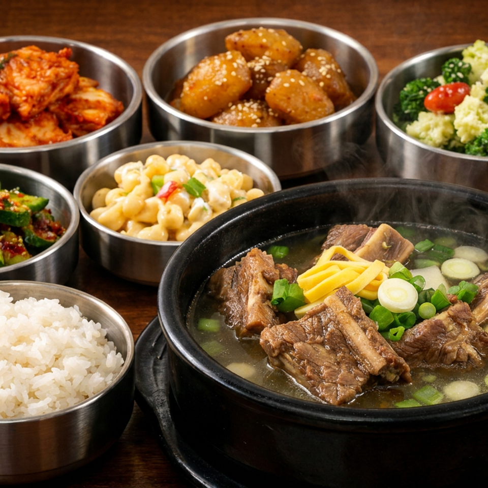 Korean meal featuring steaming beef short-rib soup, white rice, kimchi, seasoned vegetables, potatoes, and macaroni salad.