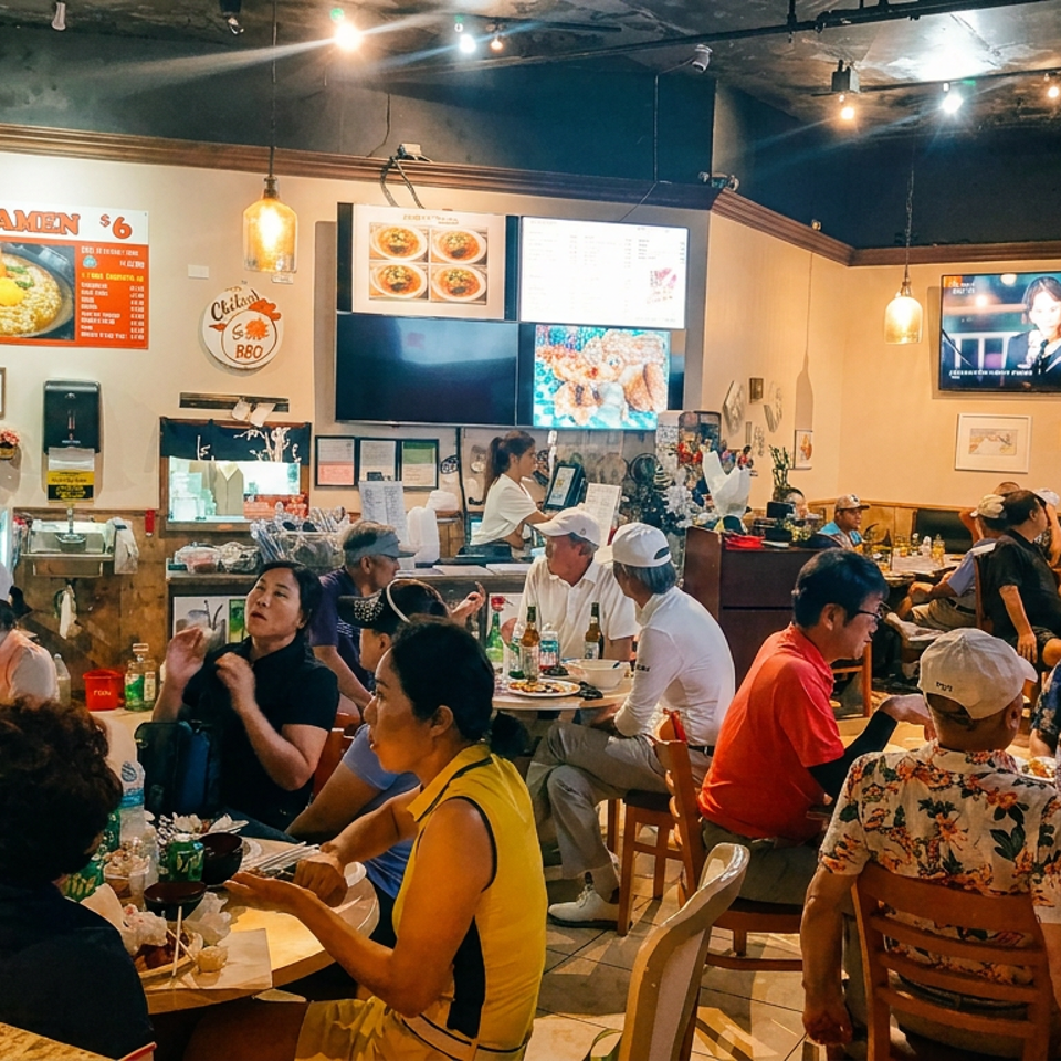 Busy ramen restaurant filled with diners, menu boards, food displays, and warm pendant lighting.