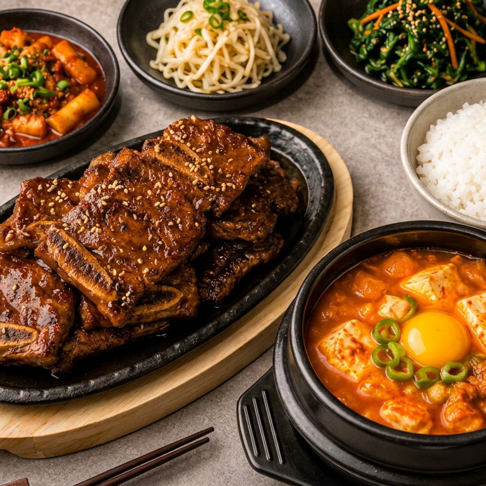 Korean meal featuring sesame-glazed grilled ribs, spicy tofu stew with egg, white rice, and assorted vegetable side dishes.