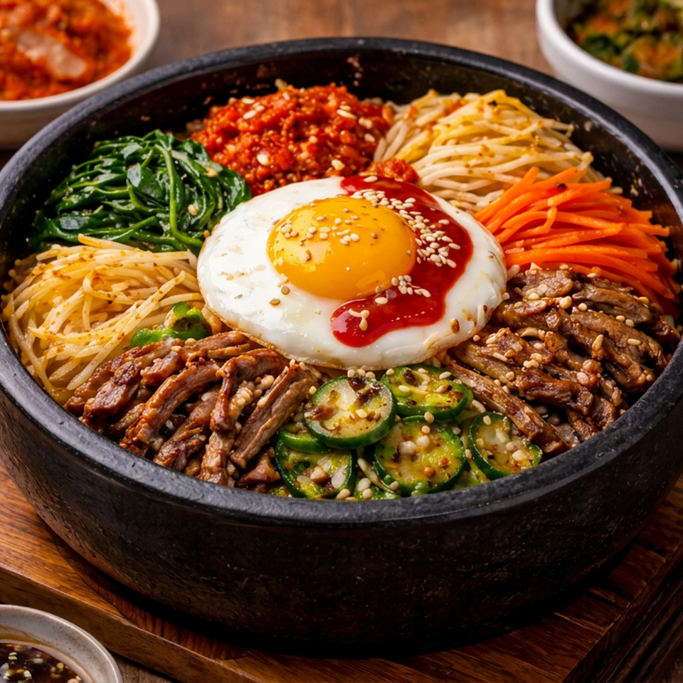 Korean bibimbap in a hot stone bowl, topped with a fried egg, beef, assorted vegetables, sesame seeds, and red sauce.