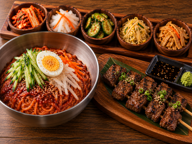 Naengmyeon and Beef Short Rib Skewer Combo (냉면 소고기 꼬치 콤보).