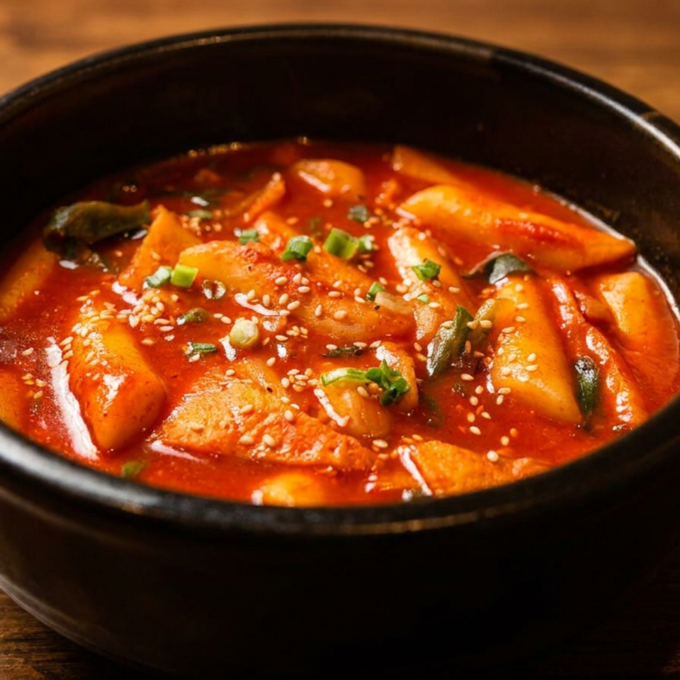 Bowl of spicy red Korean rice cakes and fish cakes garnished with sesame seeds and green onions.
