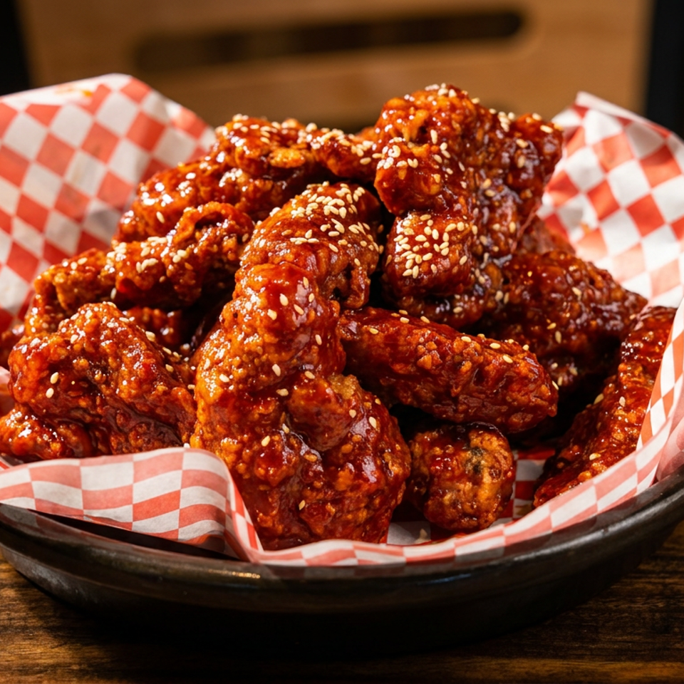 Basket of glossy spicy chicken wings sprinkled with sesame seeds, lined with red-and-white checkered paper on a wooden table.