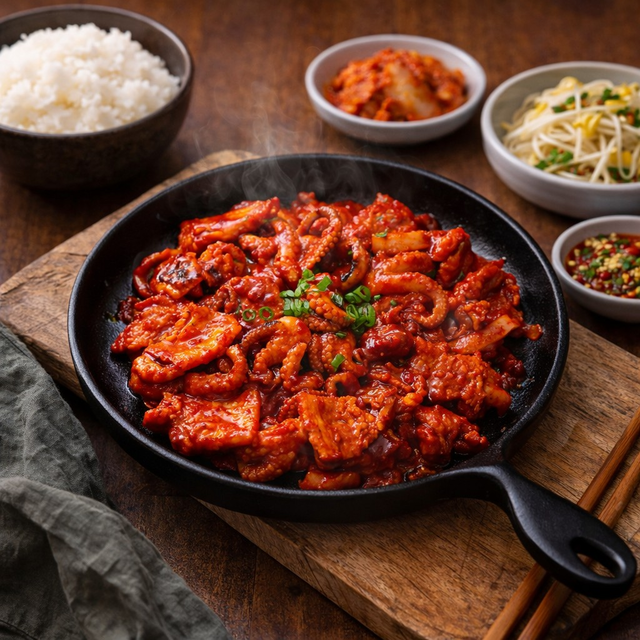 Spicy Baby Octopus and Pork Belly Stir-Fry (쭈꾸미 삼겹살 볶음).